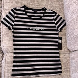 Bebe Black and White Striped Tee with Embellishments